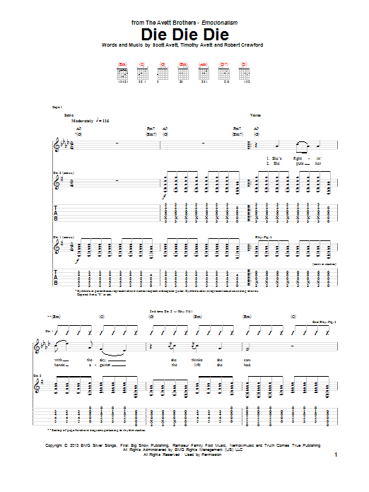 Avett Brothers Die Die Die Sheet Music Notes & Chords for Guitar Tab - Download or Print PDF