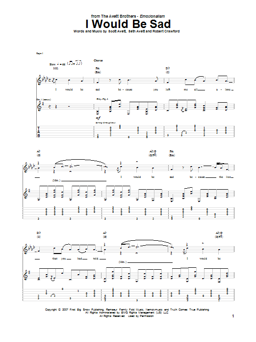 Avett Brothers I Would Be Sad Sheet Music Notes & Chords for Guitar Tab - Download or Print PDF