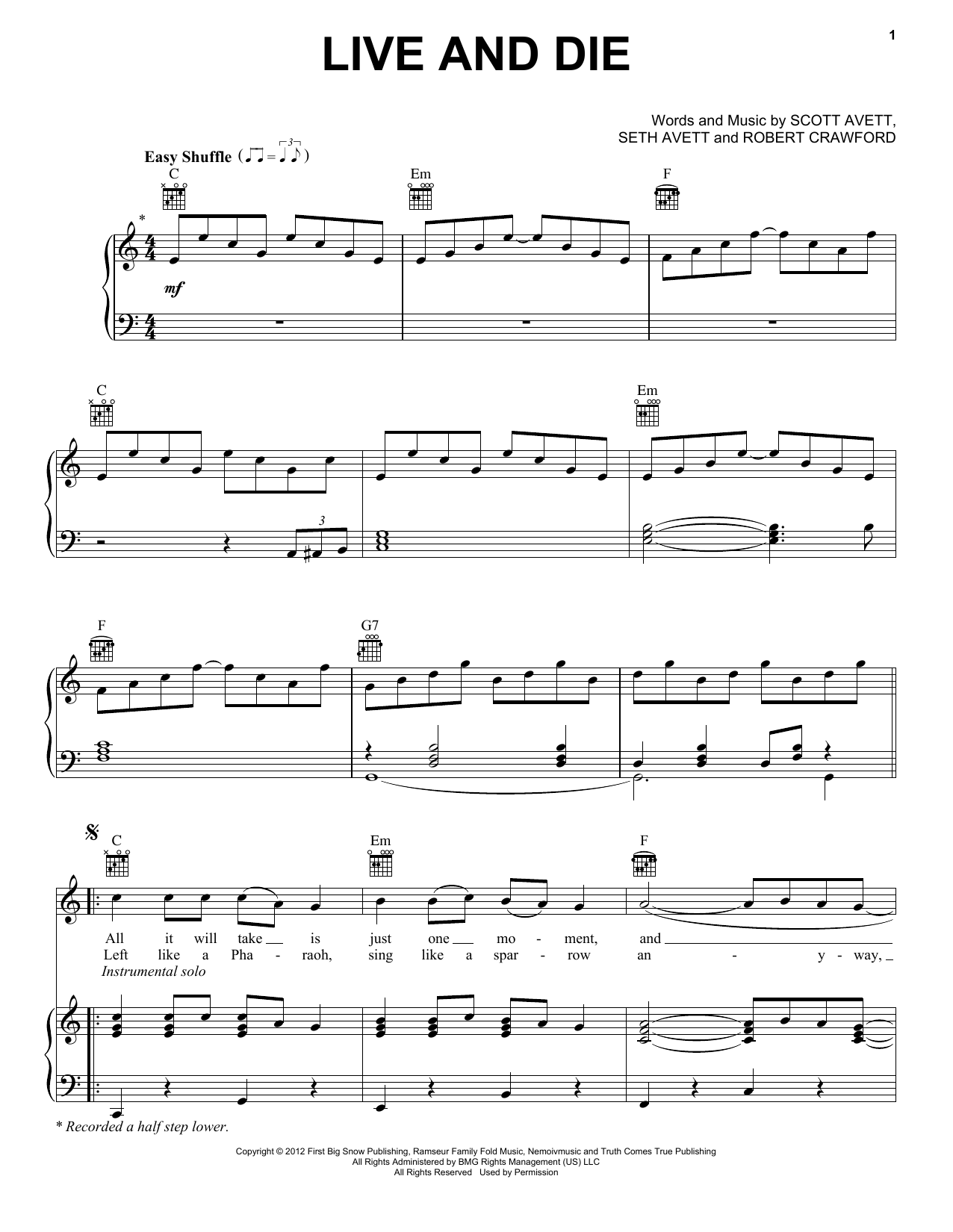 Avett Brothers Live And Die Sheet Music Notes & Chords for Piano, Vocal & Guitar (Right-Hand Melody) - Download or Print PDF