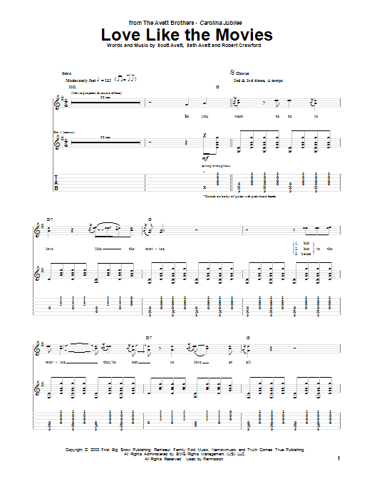 Avett Brothers Love Like The Movies Sheet Music Notes & Chords for Guitar Tab - Download or Print PDF