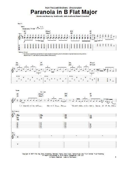 Avett Brothers Paranoia In B Flat Major Sheet Music Notes & Chords for Guitar Tab - Download or Print PDF