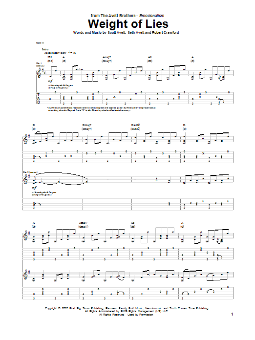 Avett Brothers Weight Of Lies Sheet Music Notes & Chords for Guitar Tab - Download or Print PDF
