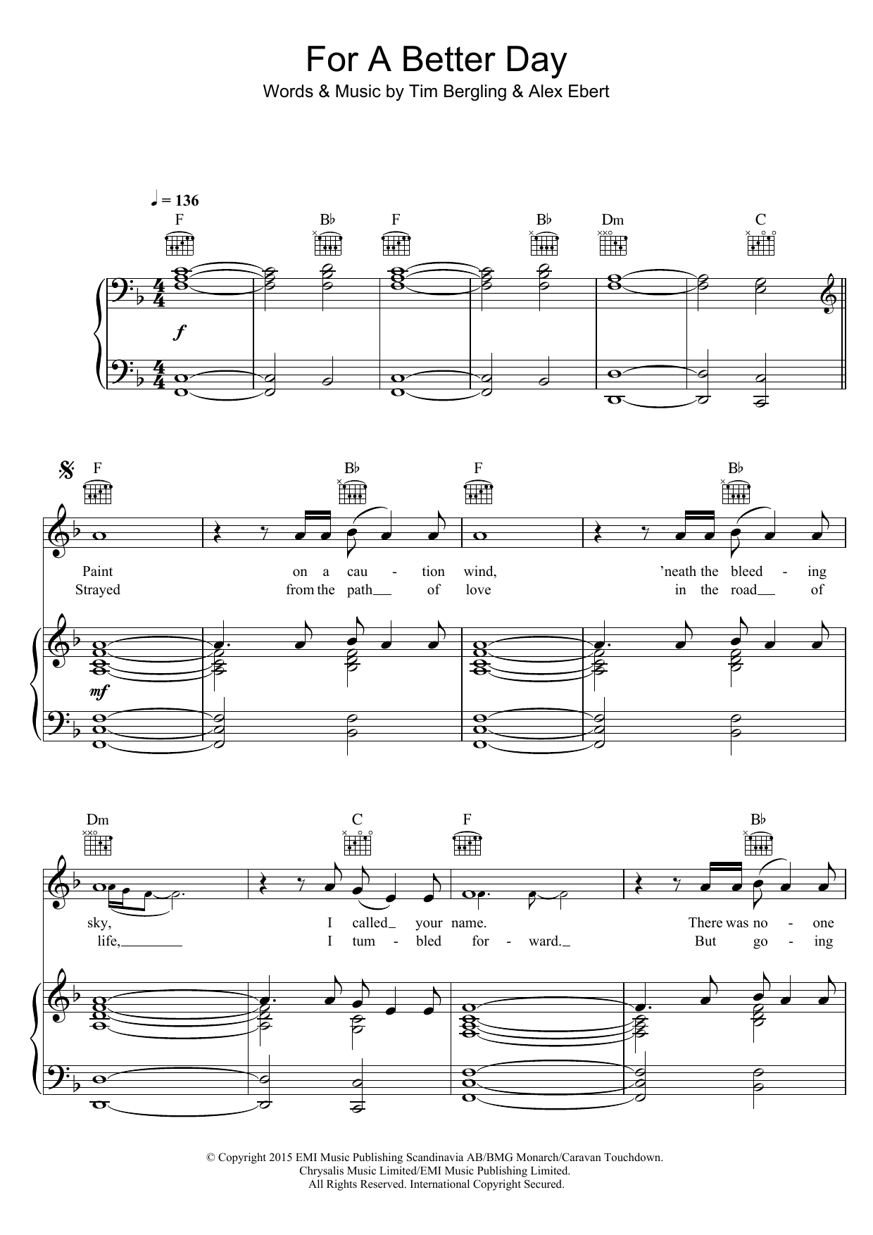 Avicii For A Better Day Sheet Music Notes & Chords for Piano, Vocal & Guitar (Right-Hand Melody) - Download or Print PDF
