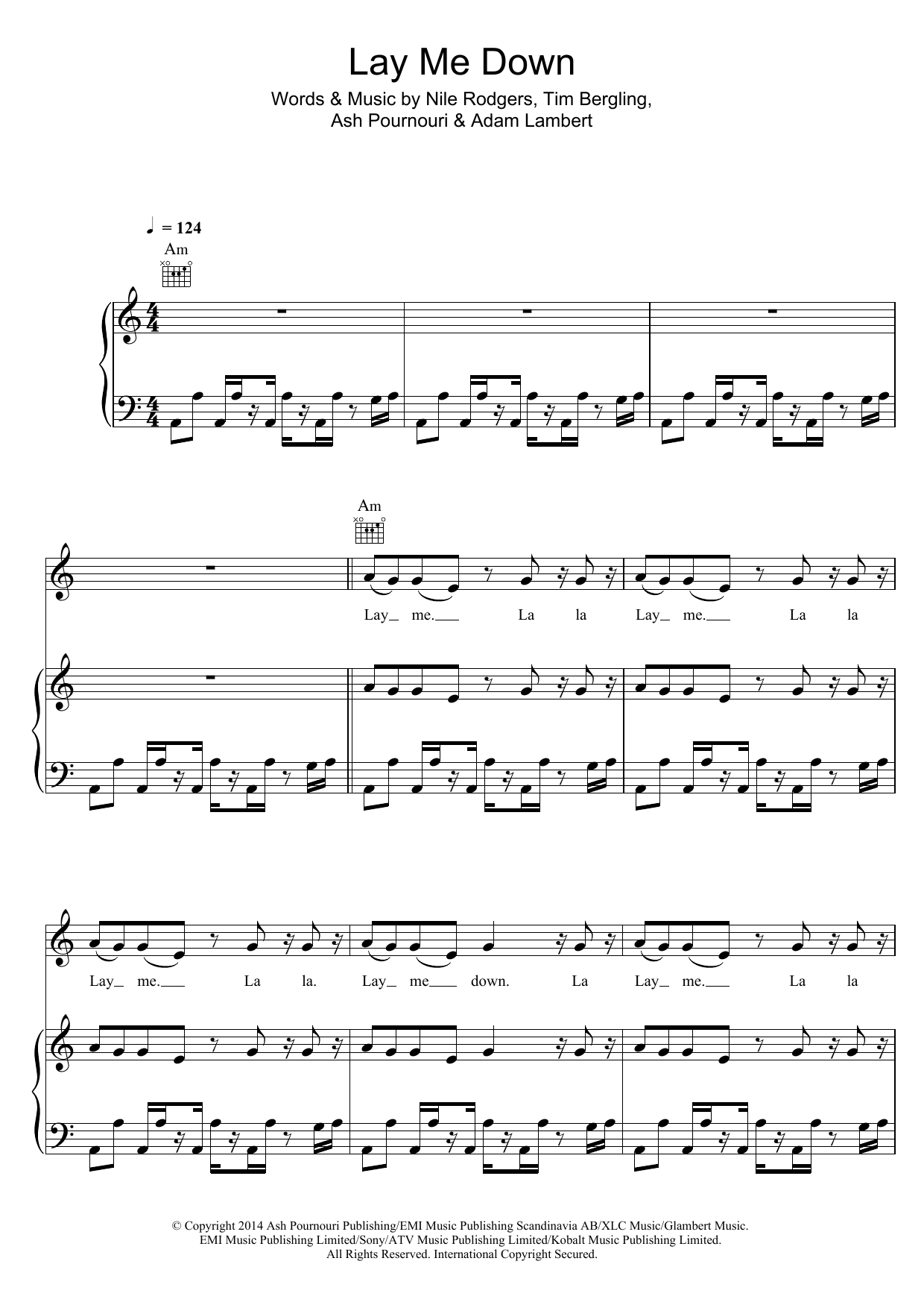 Avicii Lay Me Down Sheet Music Notes & Chords for Piano, Vocal & Guitar (Right-Hand Melody) - Download or Print PDF