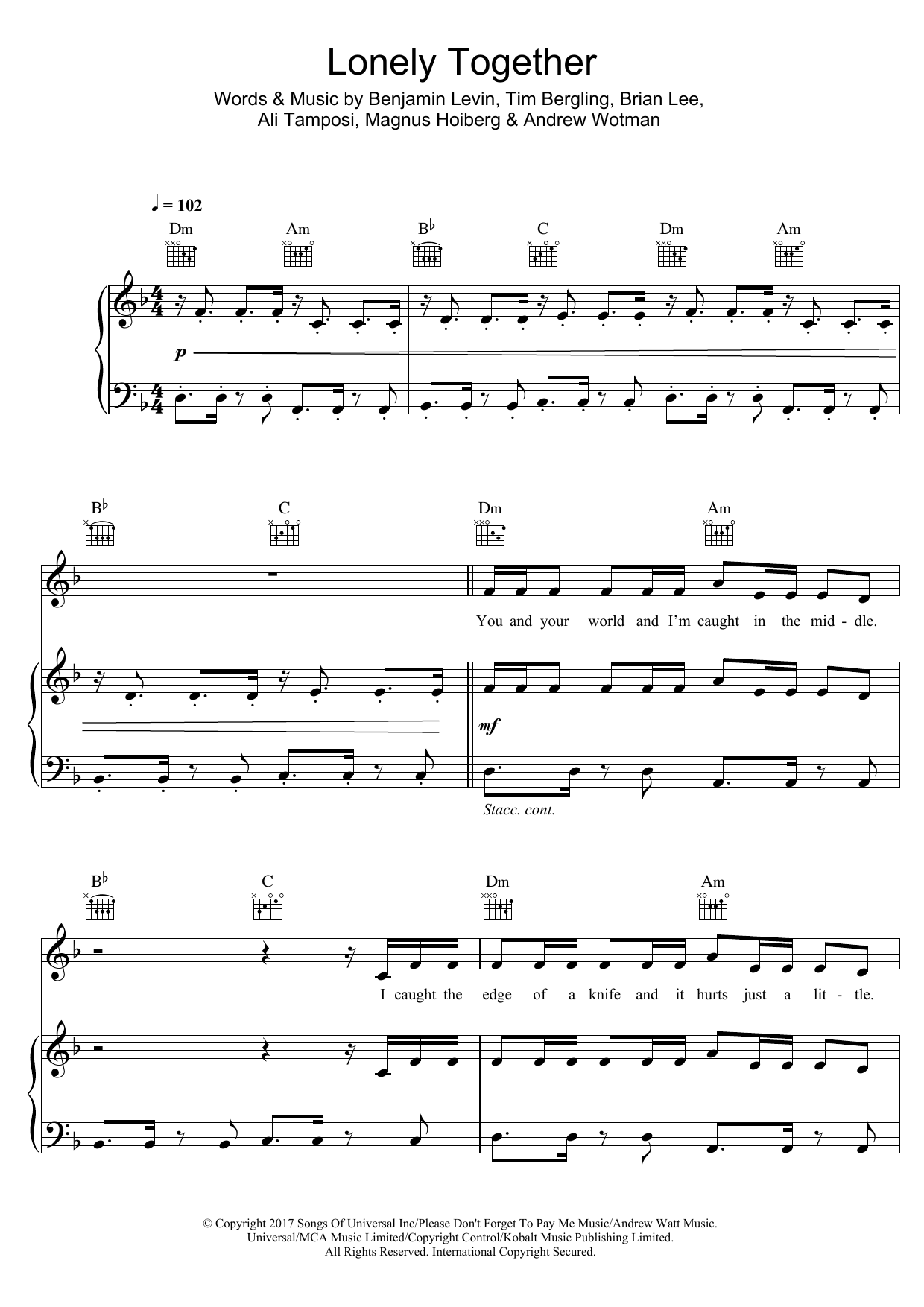 Avicii Lonely Together (featuring Rita Ora) Sheet Music Notes & Chords for Piano, Vocal & Guitar (Right-Hand Melody) - Download or Print PDF