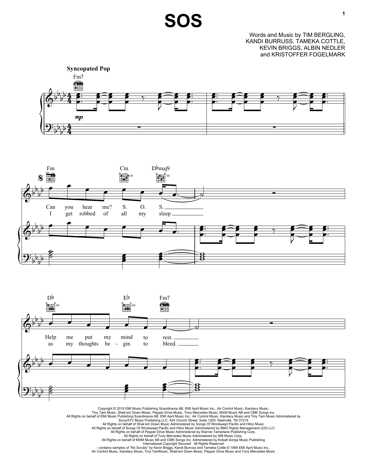 Avicii SOS (feat. Aloe Blacc) Sheet Music Notes & Chords for Piano, Vocal & Guitar (Right-Hand Melody) - Download or Print PDF