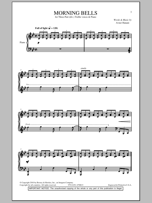 Avner Hanani Morning Bells Sheet Music Notes & Chords for 3-Part Treble - Download or Print PDF