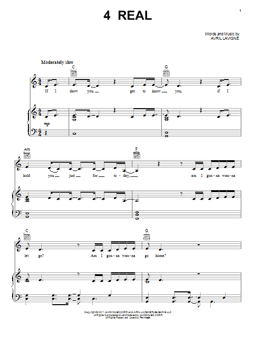 Avril Lavigne 4 Real Sheet Music Notes & Chords for Piano, Vocal & Guitar (Right-Hand Melody) - Download or Print PDF