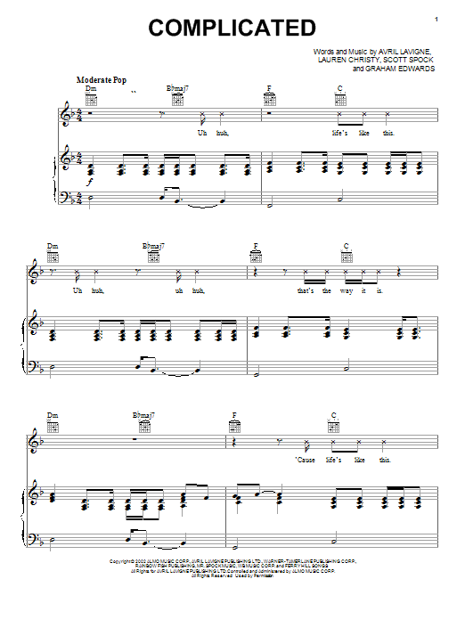Avril Lavigne Complicated Sheet Music Notes & Chords for Alto Saxophone - Download or Print PDF