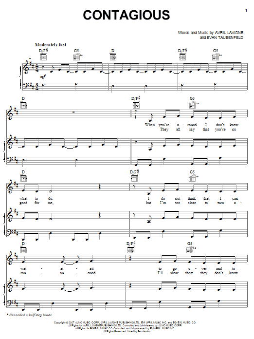 Avril Lavigne Contagious Sheet Music Notes & Chords for Piano, Vocal & Guitar (Right-Hand Melody) - Download or Print PDF Avril Lavigne Contagious Sheet Music Notes & Chords for Piano, Vocal & Guitar (Right-Hand Melody) - Download or Print PDF