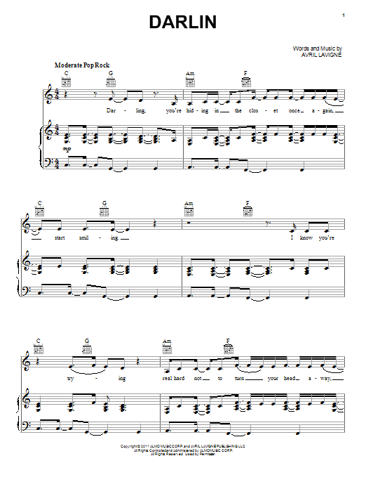 Avril Lavigne Darlin Sheet Music Notes & Chords for Piano, Vocal & Guitar (Right-Hand Melody) - Download or Print PDF Avril Lavigne Darlin Sheet Music Notes & Chords for Piano, Vocal & Guitar (Right-Hand Melody) - Download or Print PDF