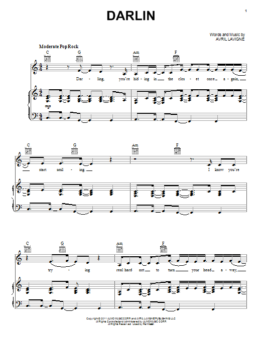 Avril Lavigne Darlin Sheet Music Notes & Chords for Piano, Vocal & Guitar (Right-Hand Melody) - Download or Print PDF