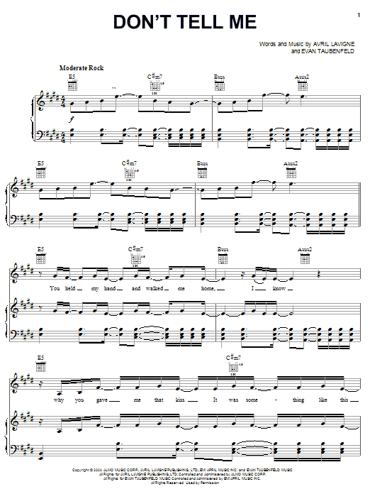 Avril Lavigne Don't Tell Me Sheet Music Notes & Chords for Easy Piano - Download or Print PDF