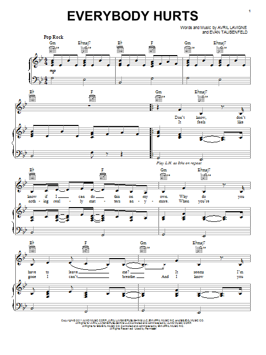 Avril Lavigne Everybody Hurts Sheet Music Notes & Chords for Piano, Vocal & Guitar (Right-Hand Melody) - Download or Print PDF