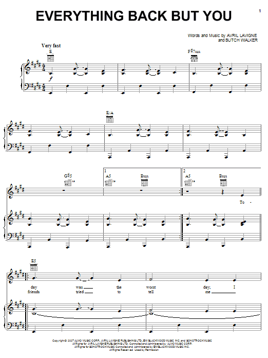 Avril Lavigne Everything Back But You Sheet Music Notes & Chords for Piano, Vocal & Guitar (Right-Hand Melody) - Download or Print PDF