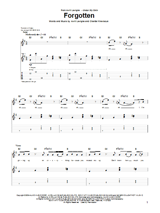 Avril Lavigne Forgotten Sheet Music Notes & Chords for Guitar Tab - Download or Print PDF