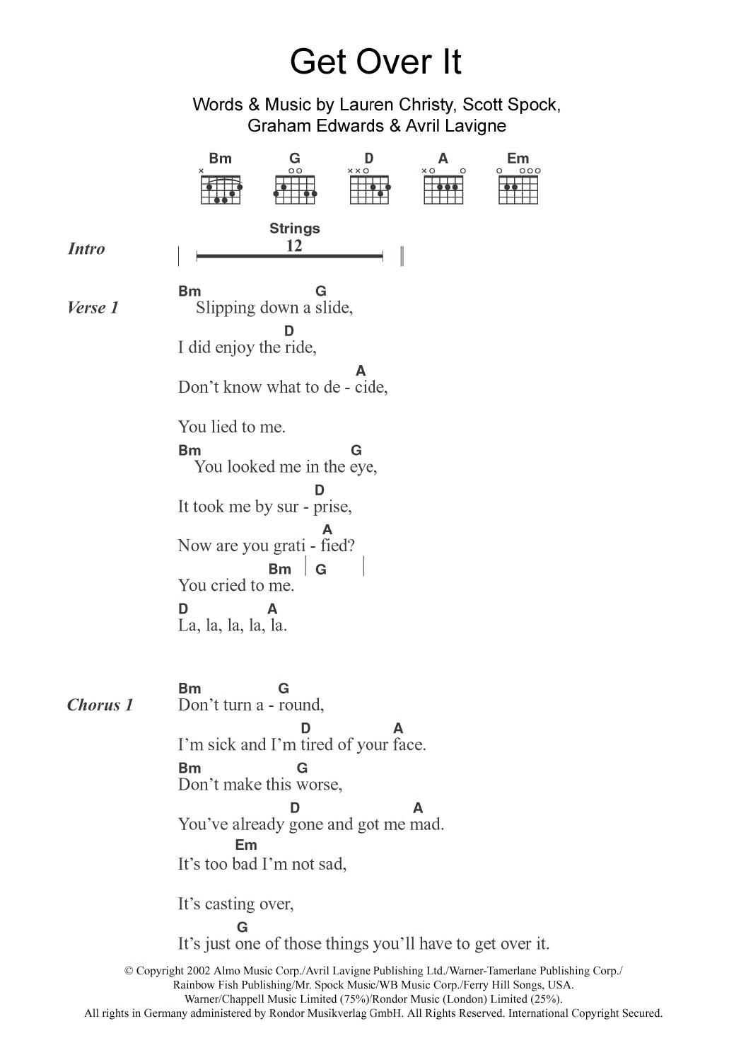 Avril Lavigne Get Over It Sheet Music Notes & Chords for Lyrics & Chords - Download or Print PDF