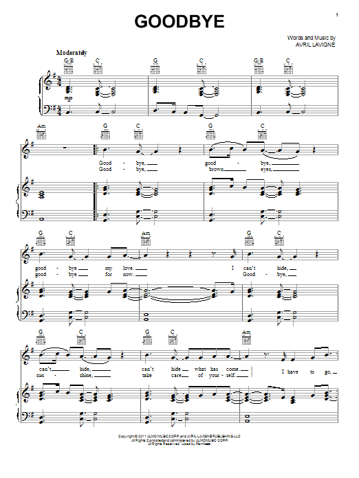 Avril Lavigne Goodbye Sheet Music Notes & Chords for Piano, Vocal & Guitar (Right-Hand Melody) - Download or Print PDF