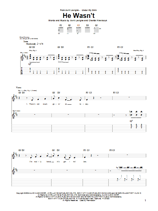 Avril Lavigne He Wasn't Sheet Music Notes & Chords for Piano, Vocal & Guitar (Right-Hand Melody) - Download or Print PDF