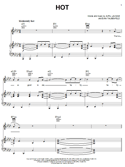 Avril Lavigne Hot Sheet Music Notes & Chords for Piano, Vocal & Guitar (Right-Hand Melody) - Download or Print PDF