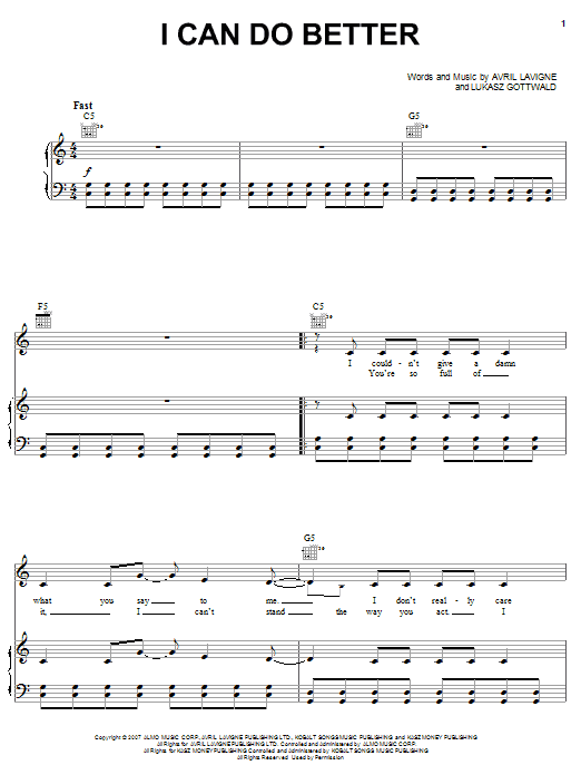 Avril Lavigne I Can Do Better Sheet Music Notes & Chords for Piano, Vocal & Guitar (Right-Hand Melody) - Download or Print PDF