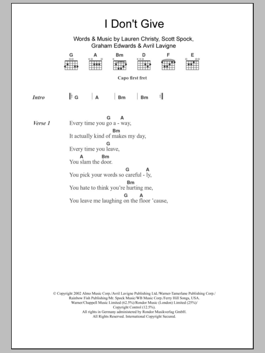 Avril Lavigne I Don't Give Sheet Music Notes & Chords for Lyrics & Chords - Download or Print PDF