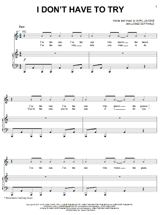 Avril Lavigne I Don't Have To Try Sheet Music Notes & Chords for Piano, Vocal & Guitar (Right-Hand Melody) - Download or Print PDF