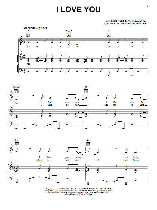 Avril Lavigne I Love You Sheet Music Notes & Chords for Piano, Vocal & Guitar (Right-Hand Melody) - Download or Print PDF