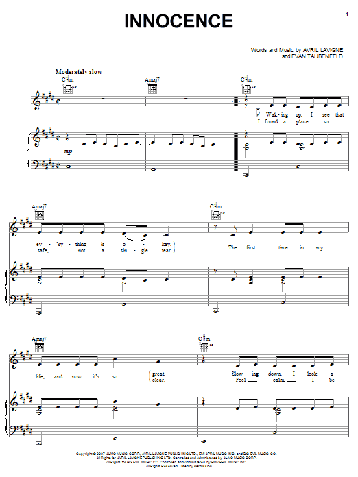 Avril Lavigne Innocence Sheet Music Notes & Chords for Piano, Vocal & Guitar (Right-Hand Melody) - Download or Print PDF