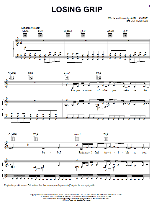 Avril Lavigne Losing Grip Sheet Music Notes & Chords for Piano, Vocal & Guitar (Right-Hand Melody) - Download or Print PDF