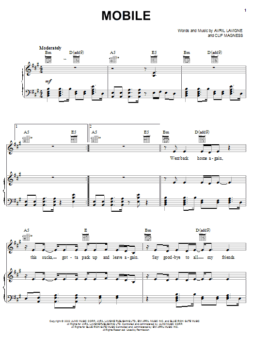 Avril Lavigne Mobile Sheet Music Notes & Chords for Lyrics & Chords - Download or Print PDF