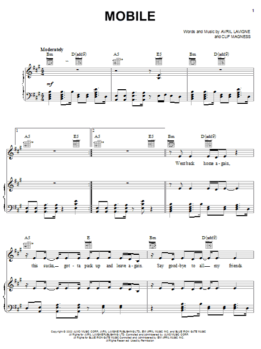 Avril Lavigne Mobile Sheet Music Notes & Chords for Easy Piano - Download or Print PDF