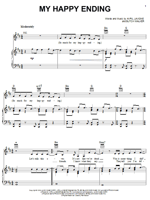 Avril Lavigne My Happy Ending Sheet Music Notes & Chords for Piano, Vocal & Guitar - Download or Print PDF