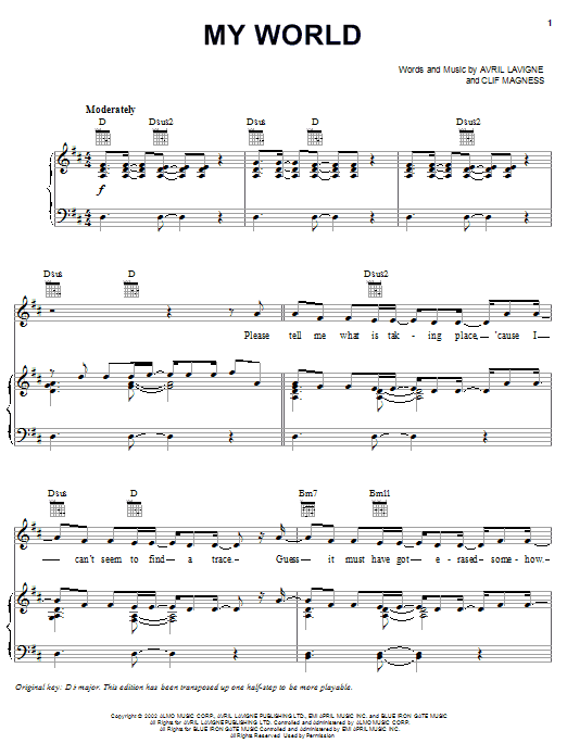 Avril Lavigne My World Sheet Music Notes & Chords for Lyrics & Chords - Download or Print PDF