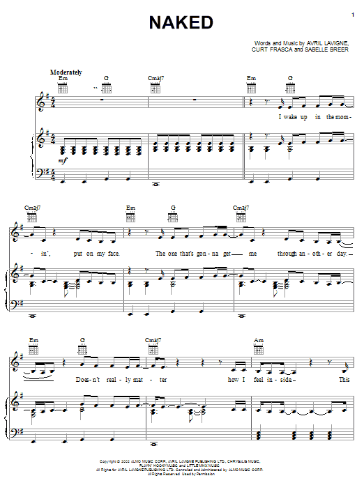 Avril Lavigne Naked Sheet Music Notes & Chords for Lyrics & Chords - Download or Print PDF