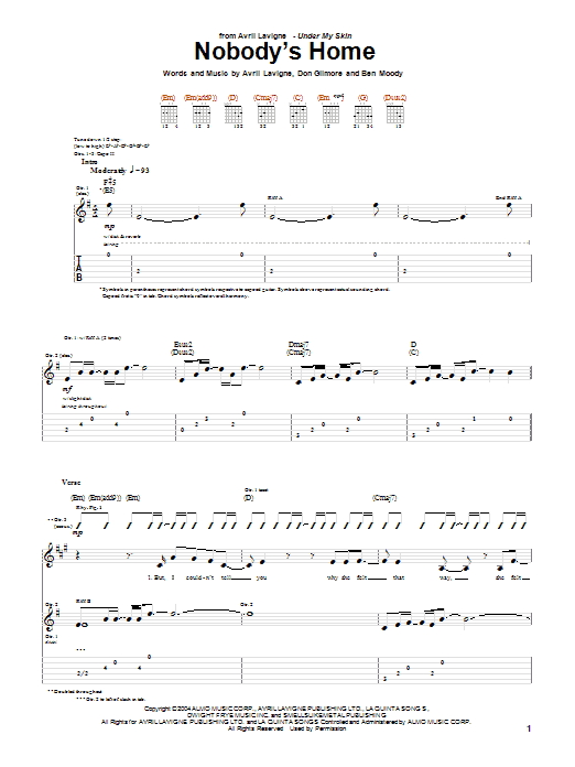 Avril Lavigne Nobody's Home Sheet Music Notes & Chords for Guitar Tab - Download or Print PDF