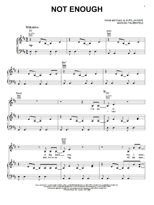 Avril Lavigne Not Enough Sheet Music Notes & Chords for Piano, Vocal & Guitar (Right-Hand Melody) - Download or Print PDF