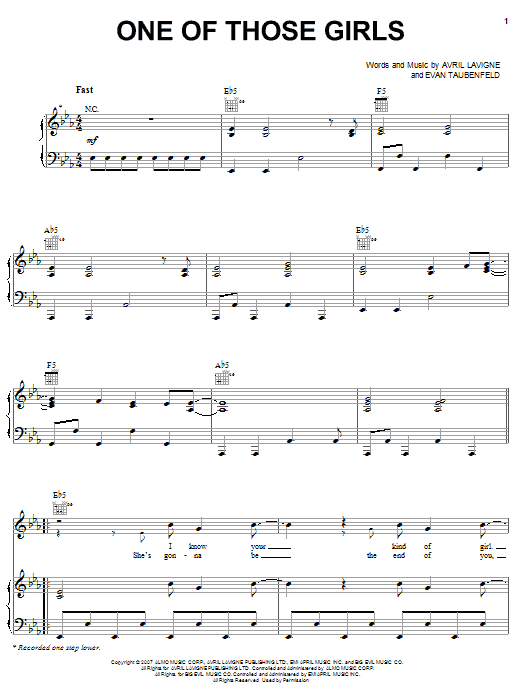 Avril Lavigne One Of Those Girls Sheet Music Notes & Chords for Piano, Vocal & Guitar (Right-Hand Melody) - Download or Print PDF