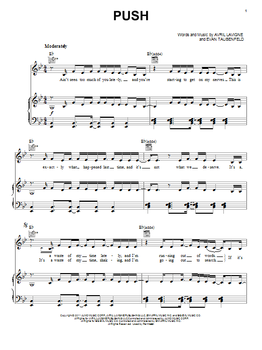 Avril Lavigne Push Sheet Music Notes & Chords for Piano, Vocal & Guitar (Right-Hand Melody) - Download or Print PDF