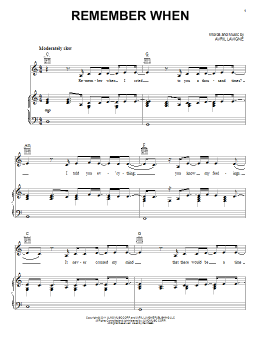 Avril Lavigne Remember When Sheet Music Notes & Chords for Piano, Vocal & Guitar (Right-Hand Melody) - Download or Print PDF