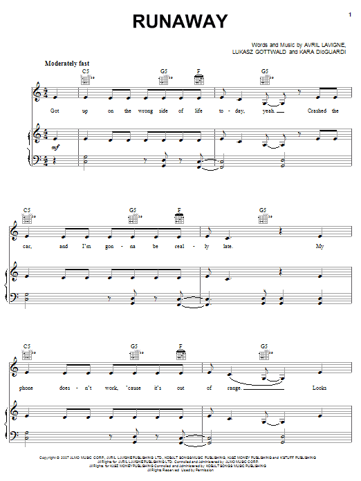 Avril Lavigne Runaway Sheet Music Notes & Chords for Piano, Vocal & Guitar (Right-Hand Melody) - Download or Print PDF