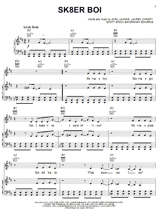 Avril Lavigne Sk8er Boi Sheet Music Notes & Chords for Piano, Vocal & Guitar (Right-Hand Melody) - Download or Print PDF