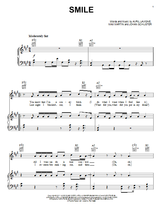 Avril Lavigne Smile Sheet Music Notes & Chords for Piano, Vocal & Guitar (Right-Hand Melody) - Download or Print PDF