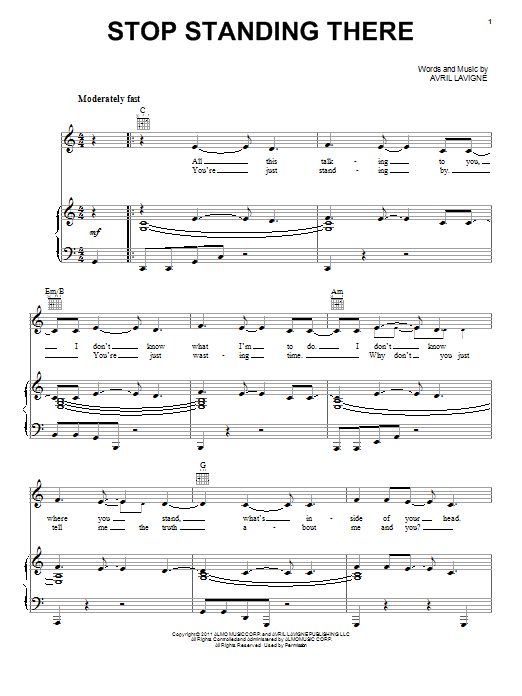 Avril Lavigne Stop Standing There Sheet Music Notes & Chords for Piano, Vocal & Guitar (Right-Hand Melody) - Download or Print PDF