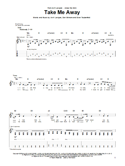 Avril Lavigne Take Me Away Sheet Music Notes & Chords for Piano, Vocal & Guitar (Right-Hand Melody) - Download or Print PDF