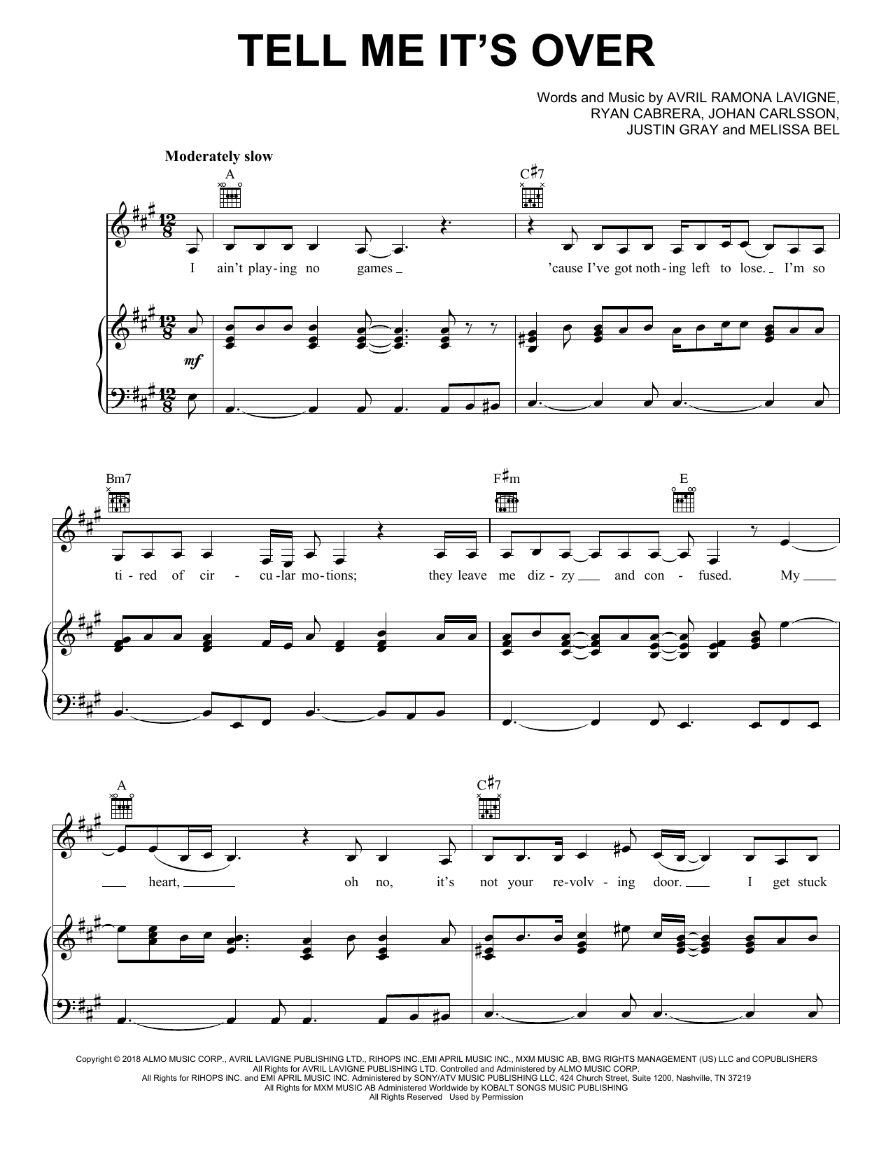 Avril Lavigne Tell Me It's Over Sheet Music Notes & Chords for Piano, Vocal & Guitar (Right-Hand Melody) - Download or Print PDF