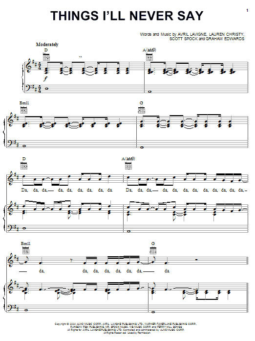 Avril Lavigne Things I'll Never Say Sheet Music Notes & Chords for Easy Piano - Download or Print PDF