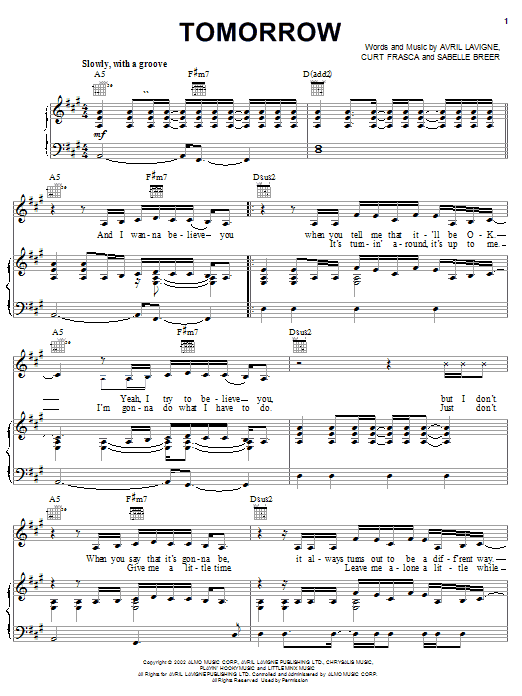 Avril Lavigne Tomorrow Sheet Music Notes & Chords for Piano, Vocal & Guitar (Right-Hand Melody) - Download or Print PDF