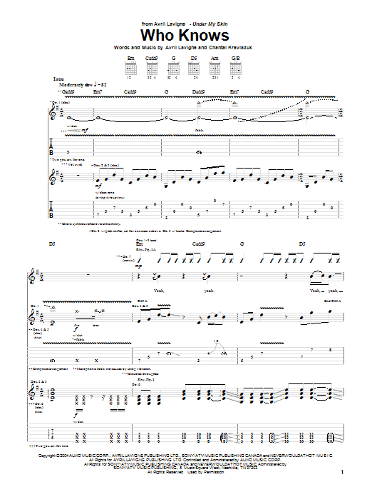 Avril Lavigne Who Knows Sheet Music Notes & Chords for Guitar Tab - Download or Print PDF