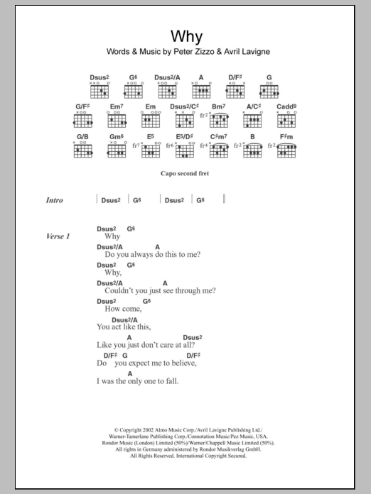 Avril Lavigne Why Sheet Music Notes & Chords for Lyrics & Chords - Download or Print PDF